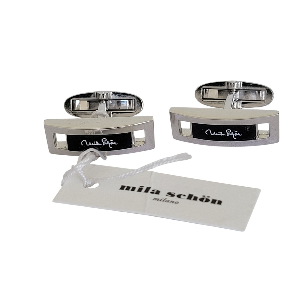 Mila Schon Milano Mens Cufflinks Silver Tone Black Enamel Rectangular NWT